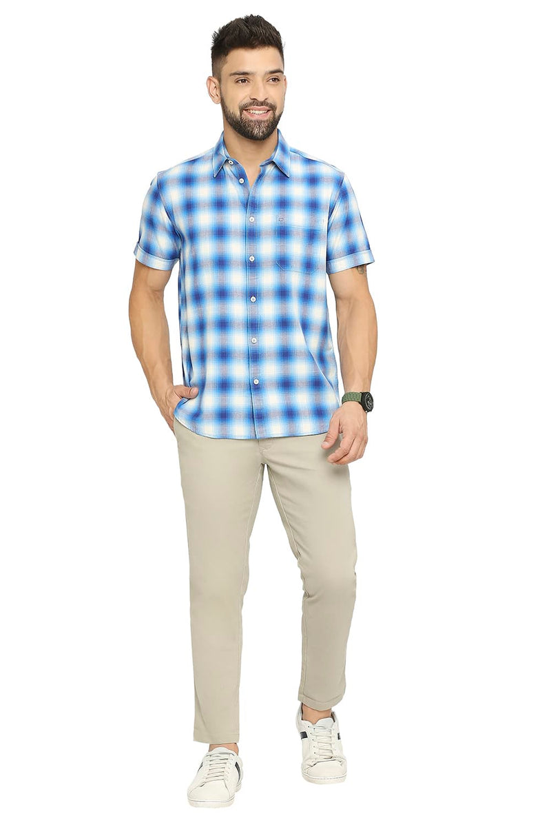 BASICS SLIM FIT COTTON BRUSHED TWILL CHECKS HALFSLEEVES SHIRT