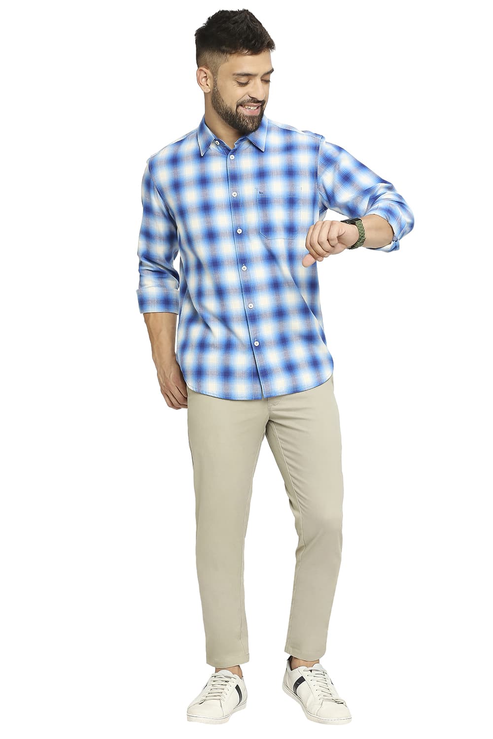 BASICS SLIM FIT COTTON BRUSHED TWILL CHECKS SHIRT