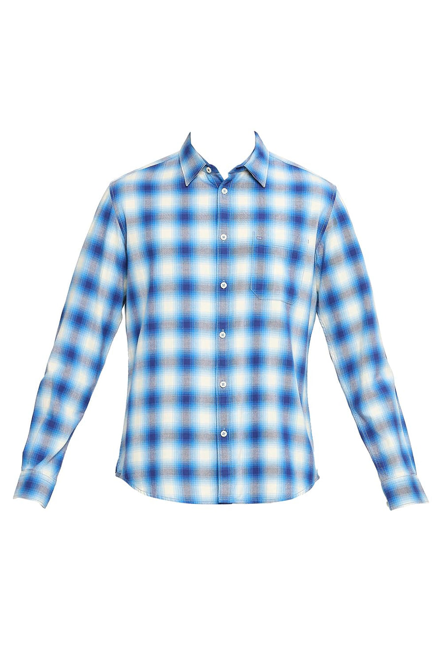 BASICS SLIM FIT DRESDEN BLUE COTTON BRUSHED TWILL CHECKS SHIRT