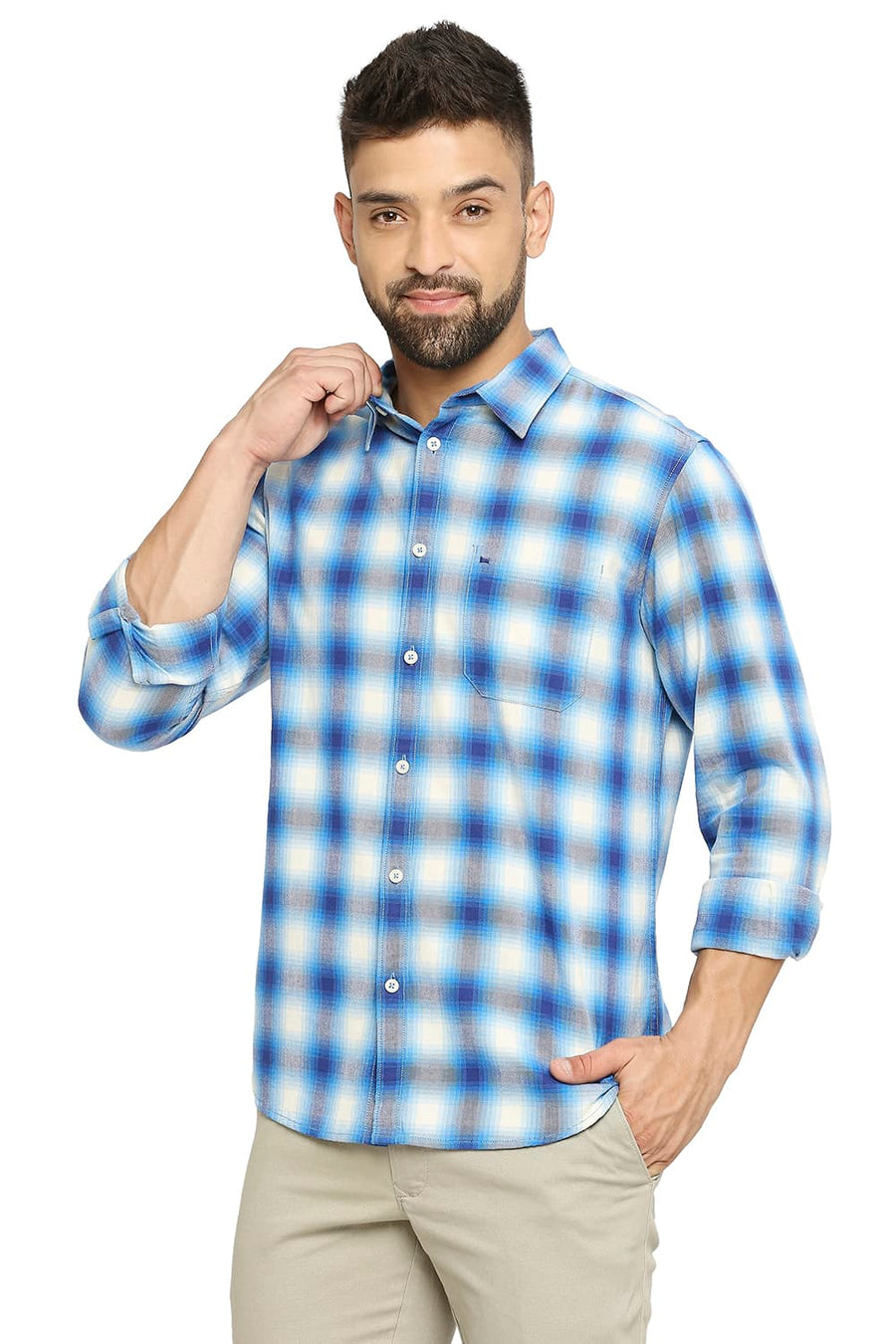 BASICS SLIM FIT DRESDEN BLUE COTTON BRUSHED TWILL CHECKS SHIRT