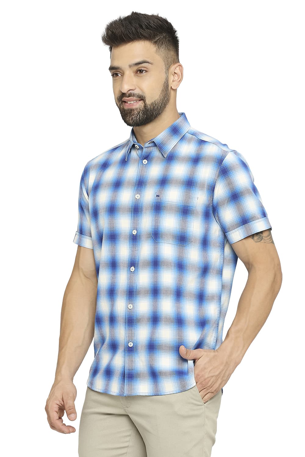 BASICS SLIM FIT COTTON BRUSHED TWILL CHECKS HALFSLEEVES SHIRT