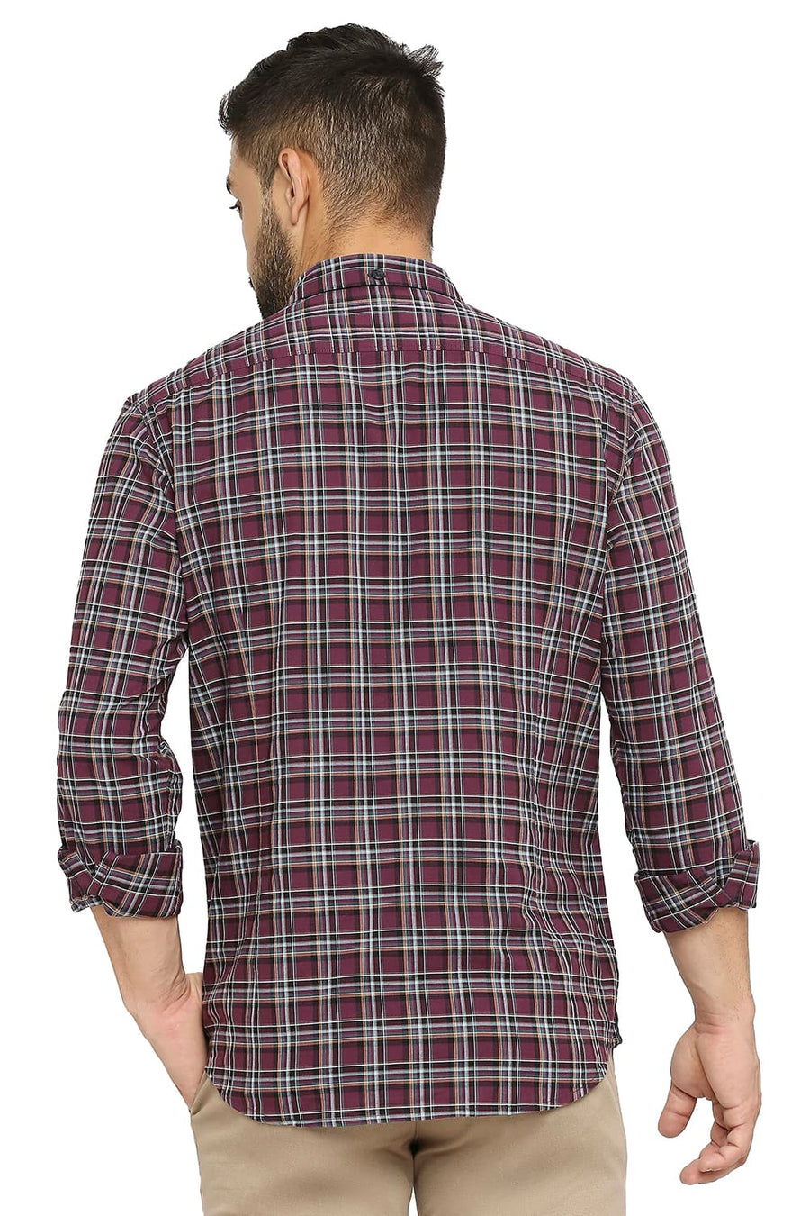 BASICS SLIM FIT DAMSON PURPLE COTTON OXFORD CHECKS SHIRT