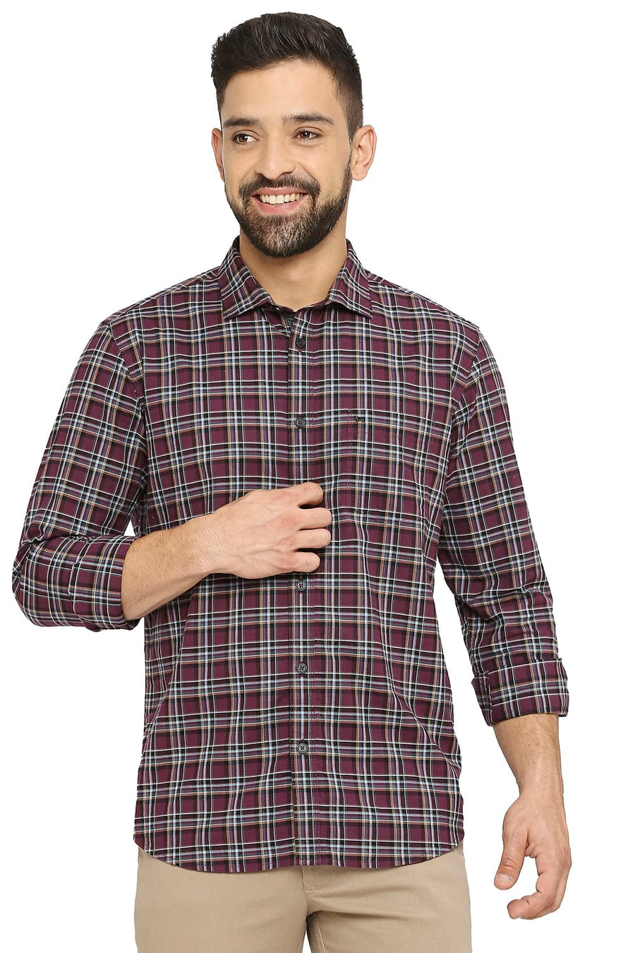 BASICS SLIM FIT DAMSON PURPLE COTTON OXFORD CHECKS SHIRT
