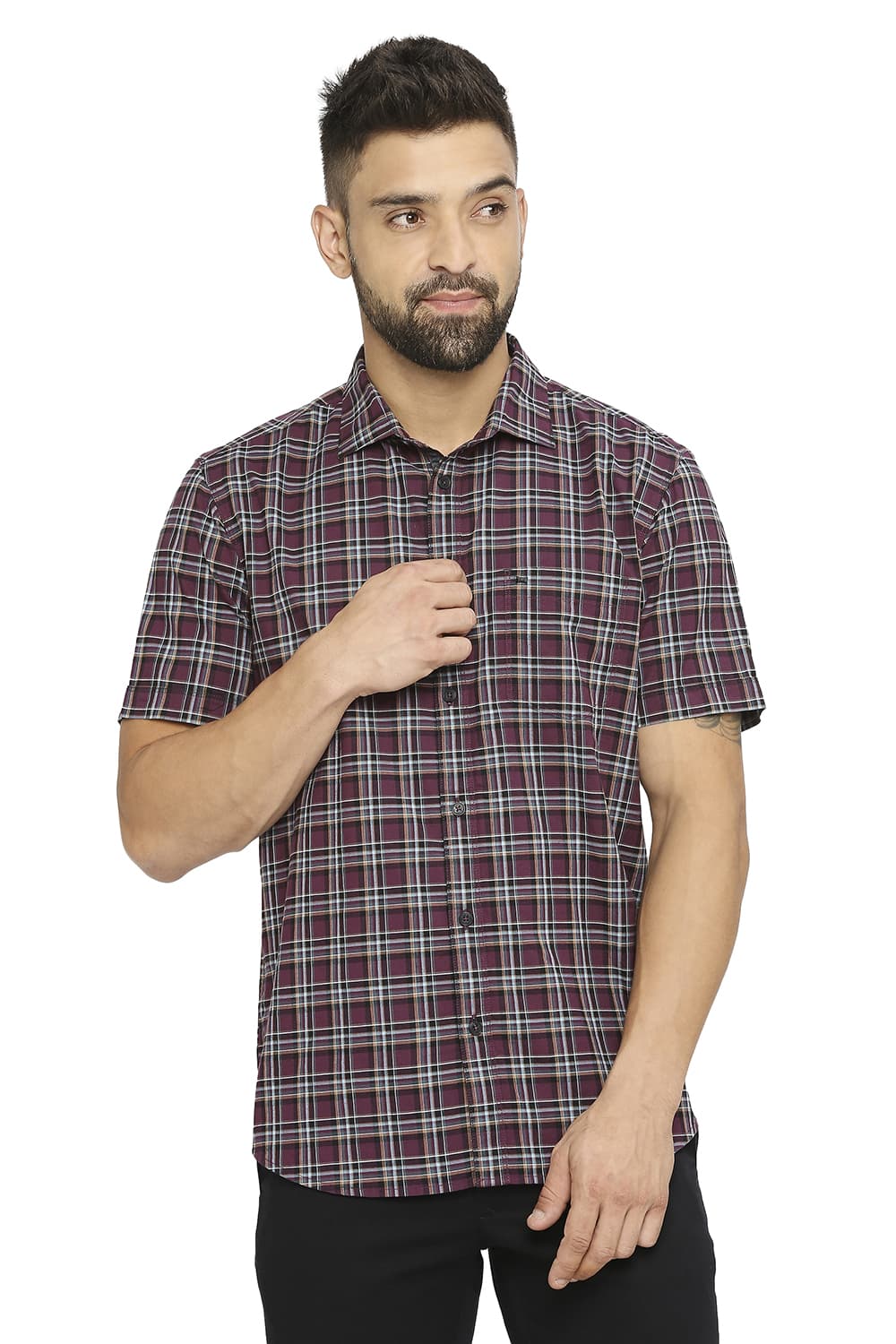 BASICS SLIM FIT COTTON OXFORD CHECKS SHIRT