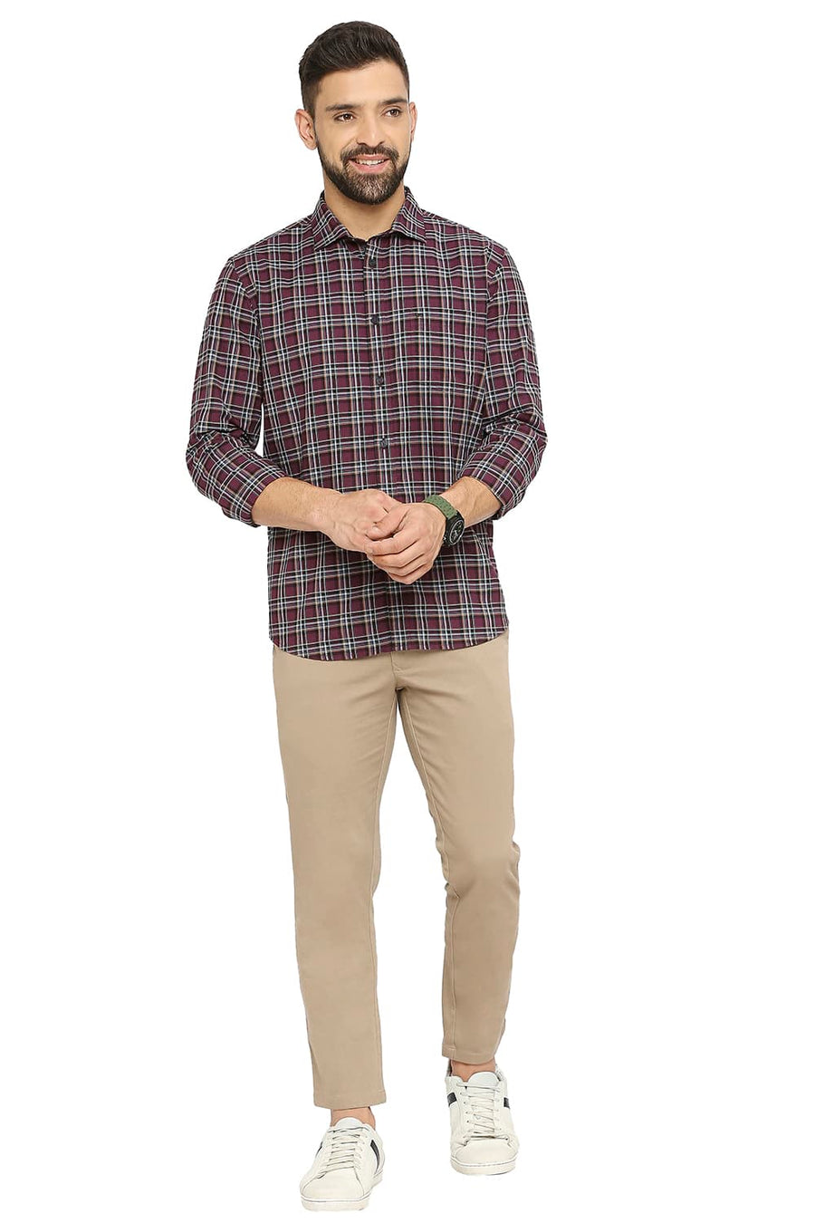 BASICS SLIM FIT DAMSON PURPLE COTTON OXFORD CHECKS SHIRT