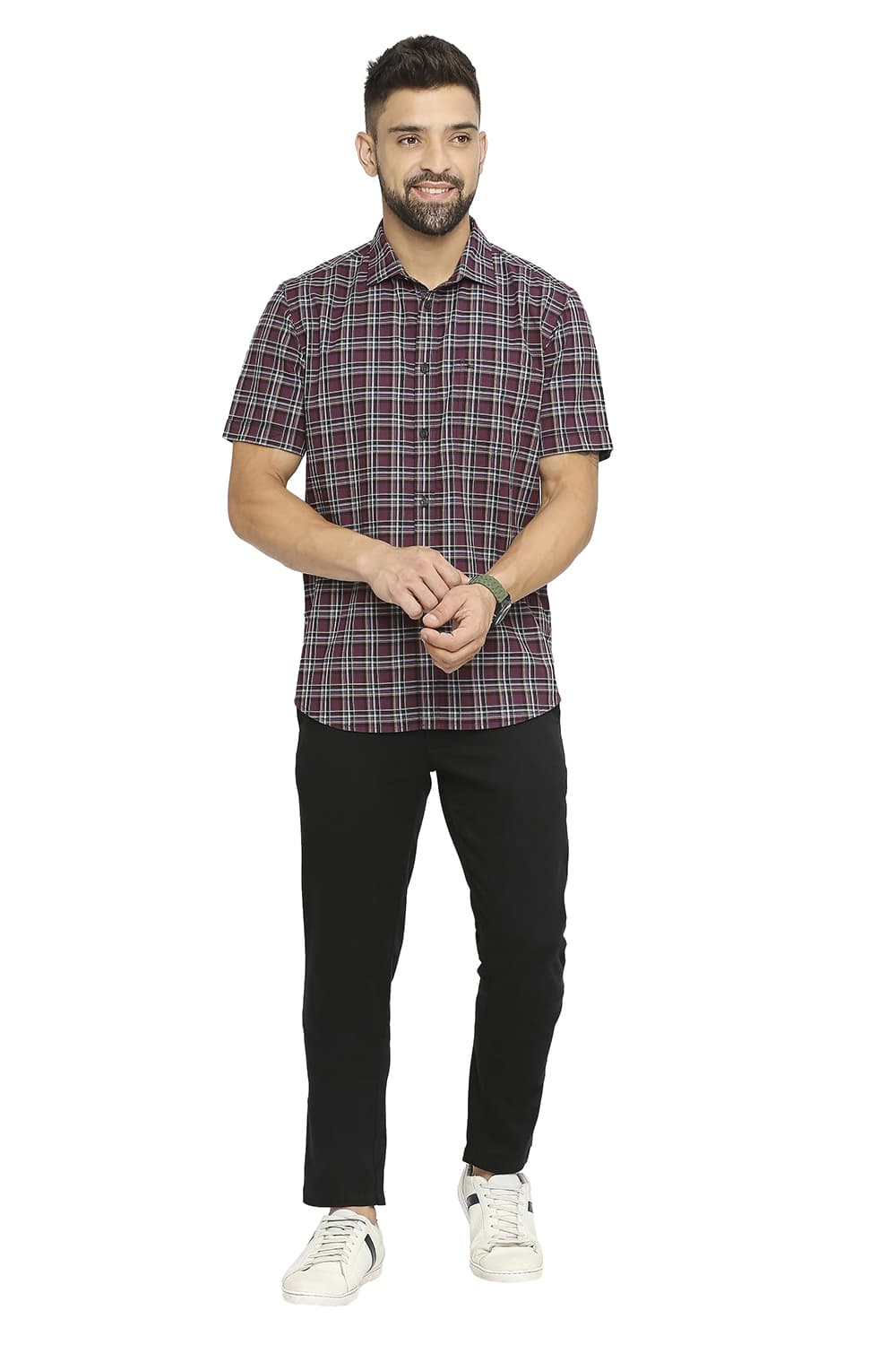 BASICS SLIM FIT COTTON OXFORD CHECKS HALFSLEEVES SHIRT