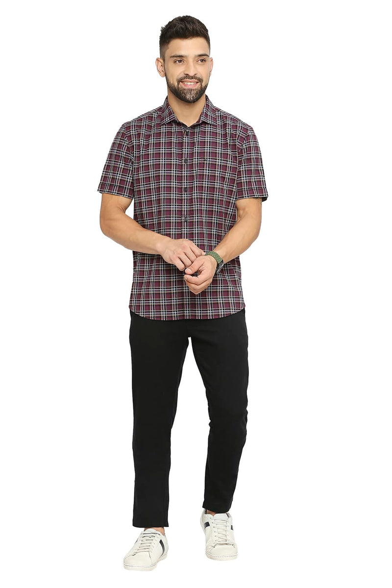 BASICS SLIM FIT COTTON OXFORD CHECKS HALFSLEEVES SHIRT