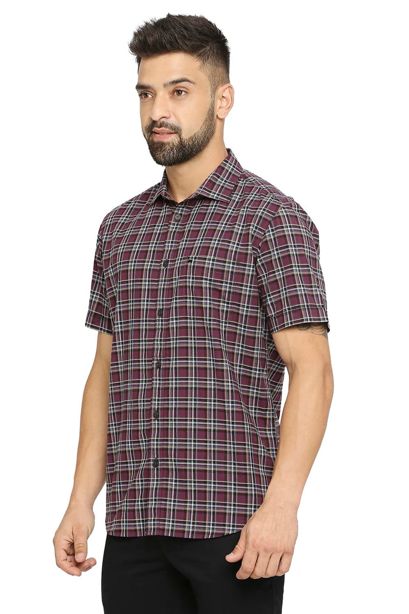 BASICS SLIM FIT COTTON OXFORD CHECKS HALFSLEEVES SHIRT