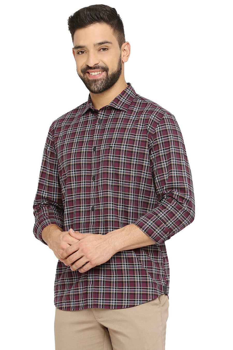 BASICS SLIM FIT DAMSON PURPLE COTTON OXFORD CHECKS SHIRT