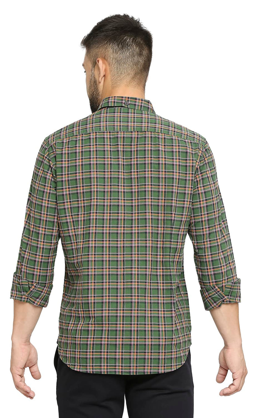 BASICS SLIM FIT DUCK GREEN COTTON OXFORD CHECKS SHIRT