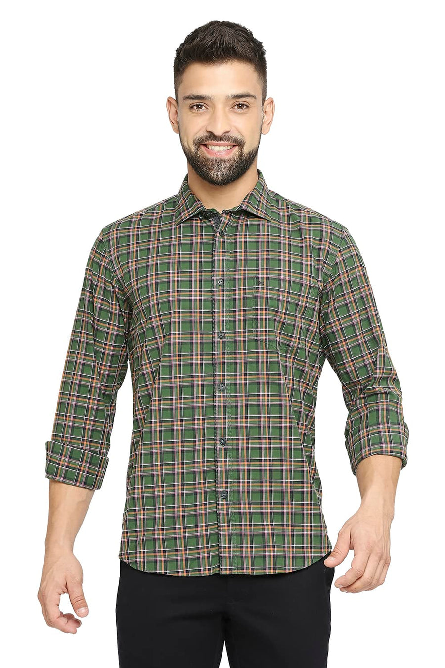 BASICS SLIM FIT DUCK GREEN COTTON OXFORD CHECKS SHIRT