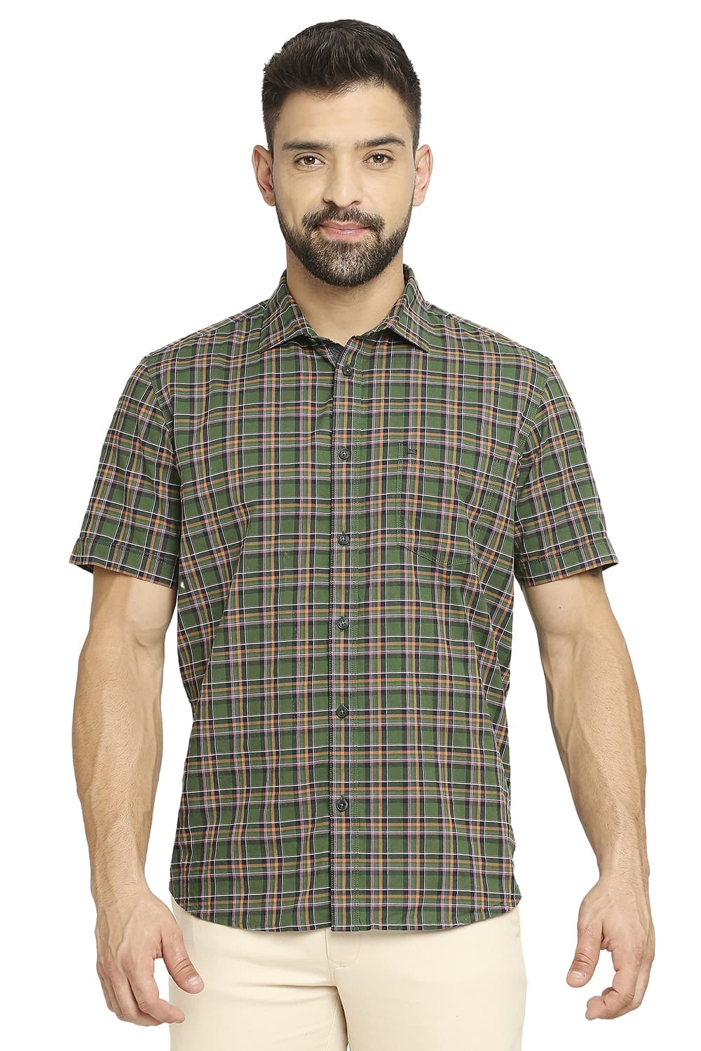 BASICS SLIM FIT COTTON OXFORD CHECKS HALFSLEEVES SHIRT