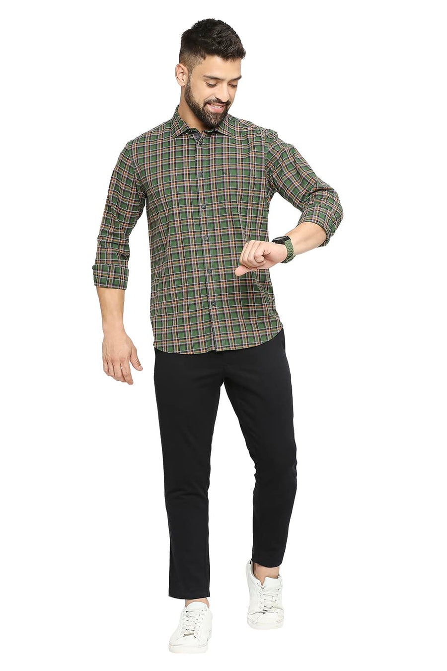 BASICS SLIM FIT DUCK GREEN COTTON OXFORD CHECKS SHIRT