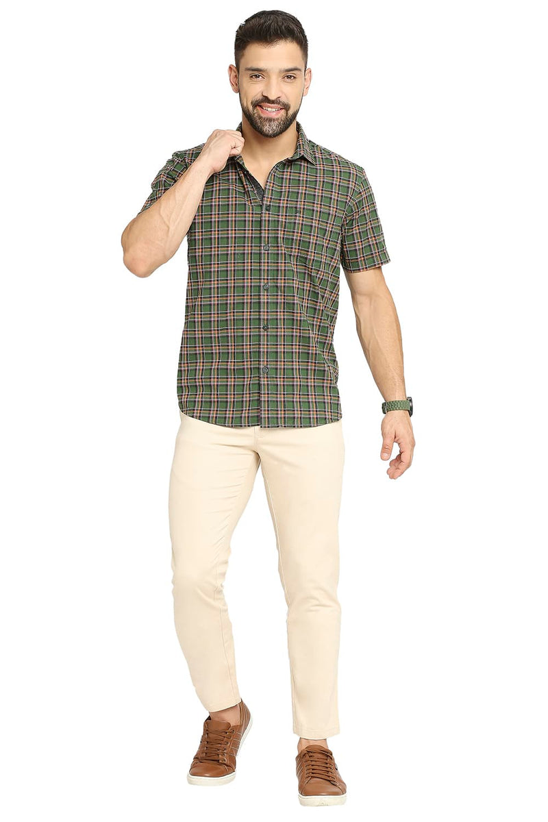 BASICS SLIM FIT COTTON OXFORD CHECKS HALFSLEEVES SHIRT