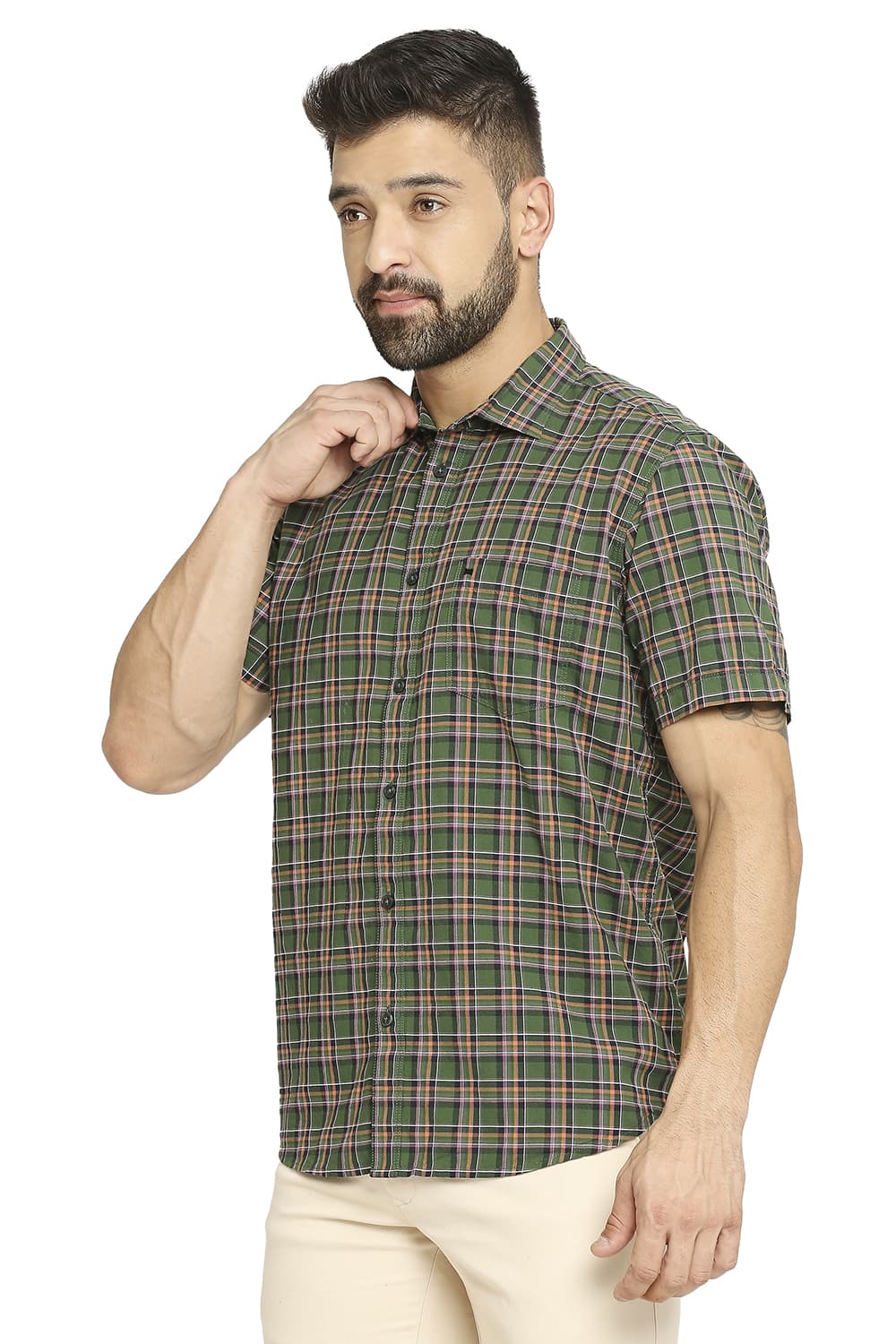 BASICS SLIM FIT COTTON OXFORD CHECKS HALFSLEEVES SHIRT