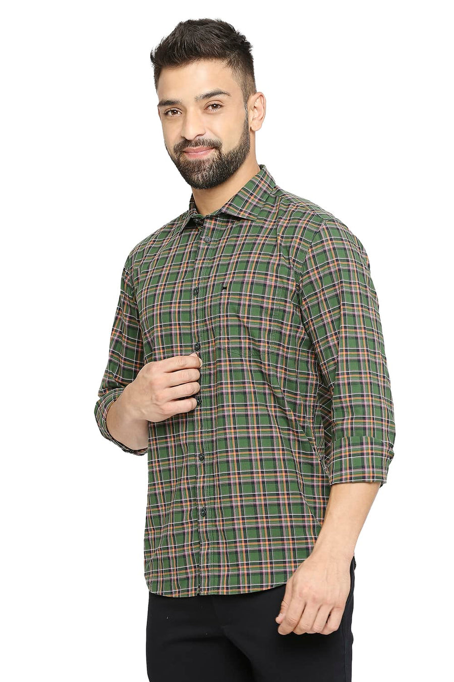 BASICS SLIM FIT DUCK GREEN COTTON OXFORD CHECKS SHIRT