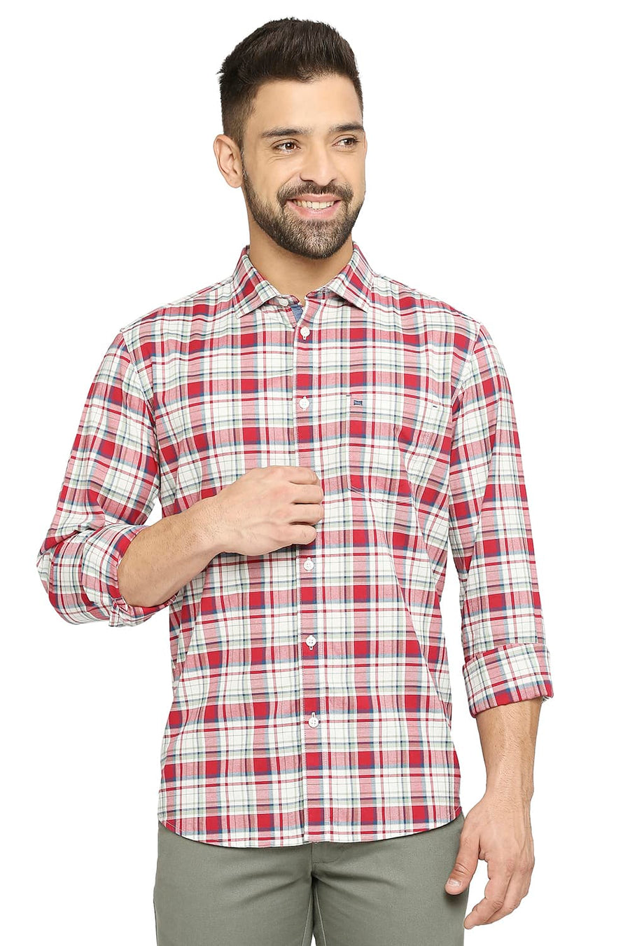 BASICS SLIM FIT CARDINAL WINE COTTON OXFORD CHECKS SHIRT