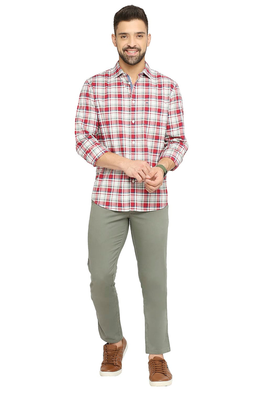 BASICS SLIM FIT CARDINAL WINE COTTON OXFORD CHECKS SHIRT