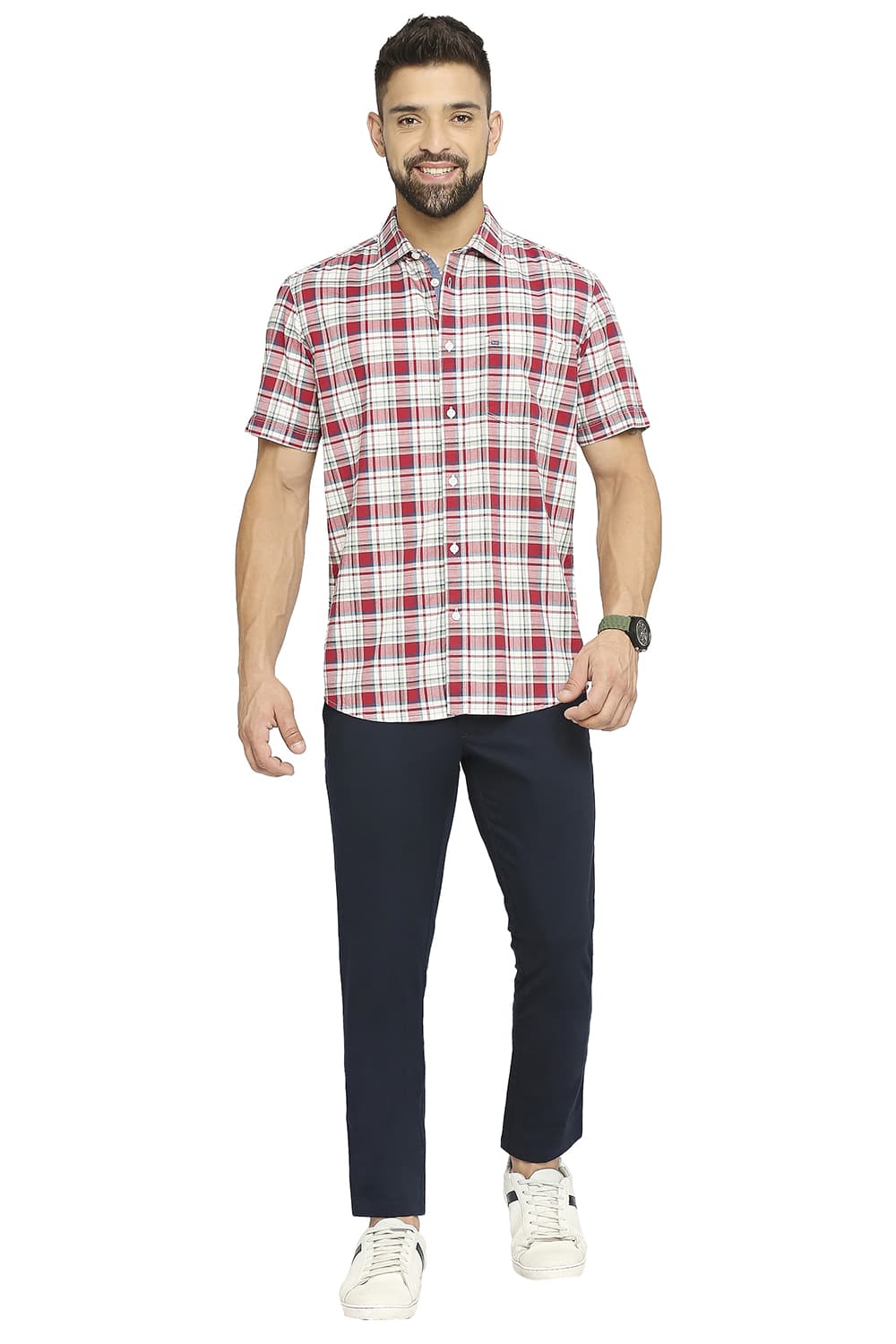 BASICS SLIM FIT COTTON OXFORD CHECKS HALFSLEEVES SHIRT