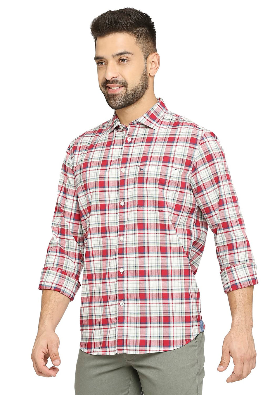 BASICS SLIM FIT CARDINAL WINE COTTON OXFORD CHECKS SHIRT