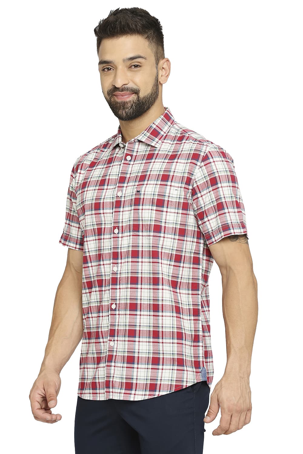 BASICS SLIM FIT COTTON OXFORD CHECKS HALFSLEEVES SHIRT