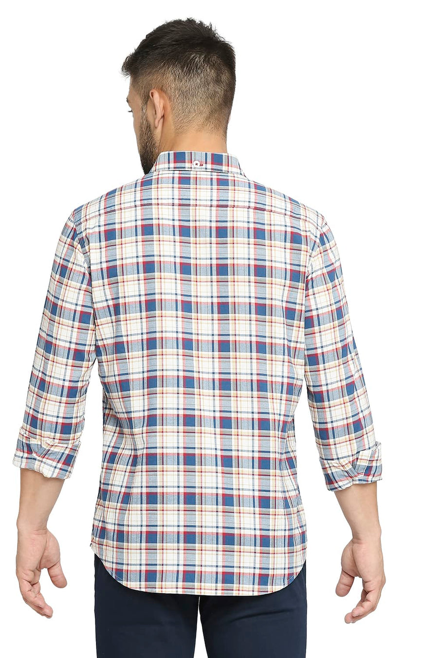 BASICS SLIM FIT ORION NAVY COTTON OXFORD CHECKS SHIRT