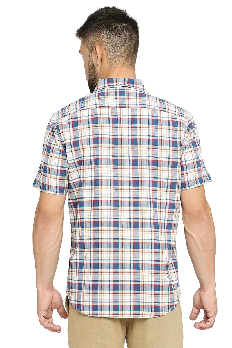 BASICS SLIM FIT COTTON OXFORD CHECKS HALFSLEEVES SHIRT