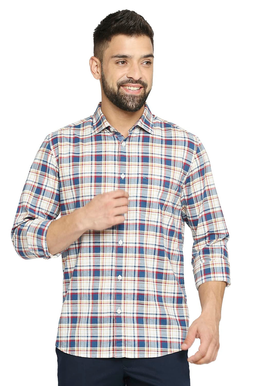 BASICS SLIM FIT ORION NAVY COTTON OXFORD CHECKS SHIRT