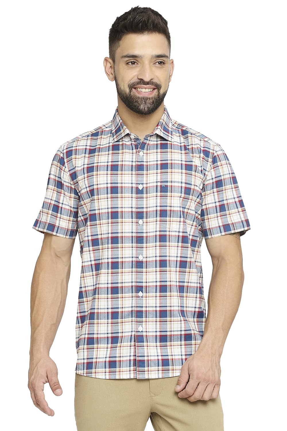 BASICS SLIM FIT COTTON OXFORD CHECKS HALFSLEEVES SHIRT