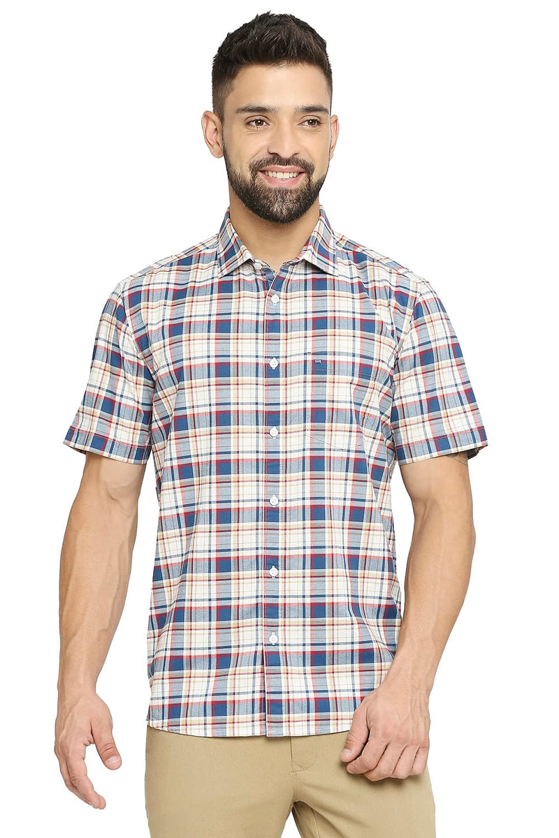 BASICS SLIM FIT COTTON OXFORD CHECKS HALFSLEEVES SHIRT