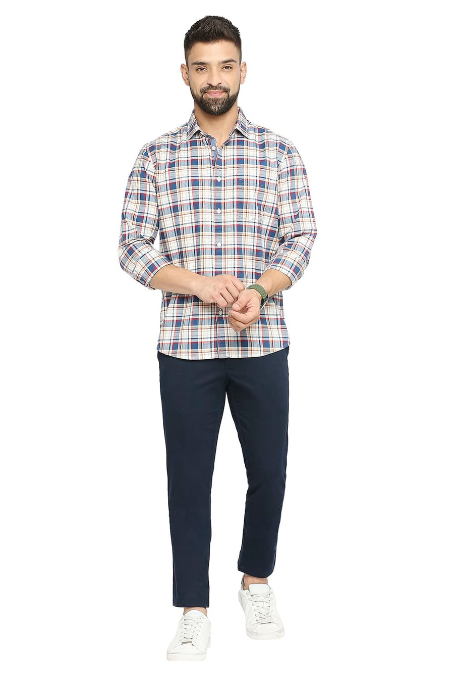 BASICS SLIM FIT ORION NAVY COTTON OXFORD CHECKS SHIRT