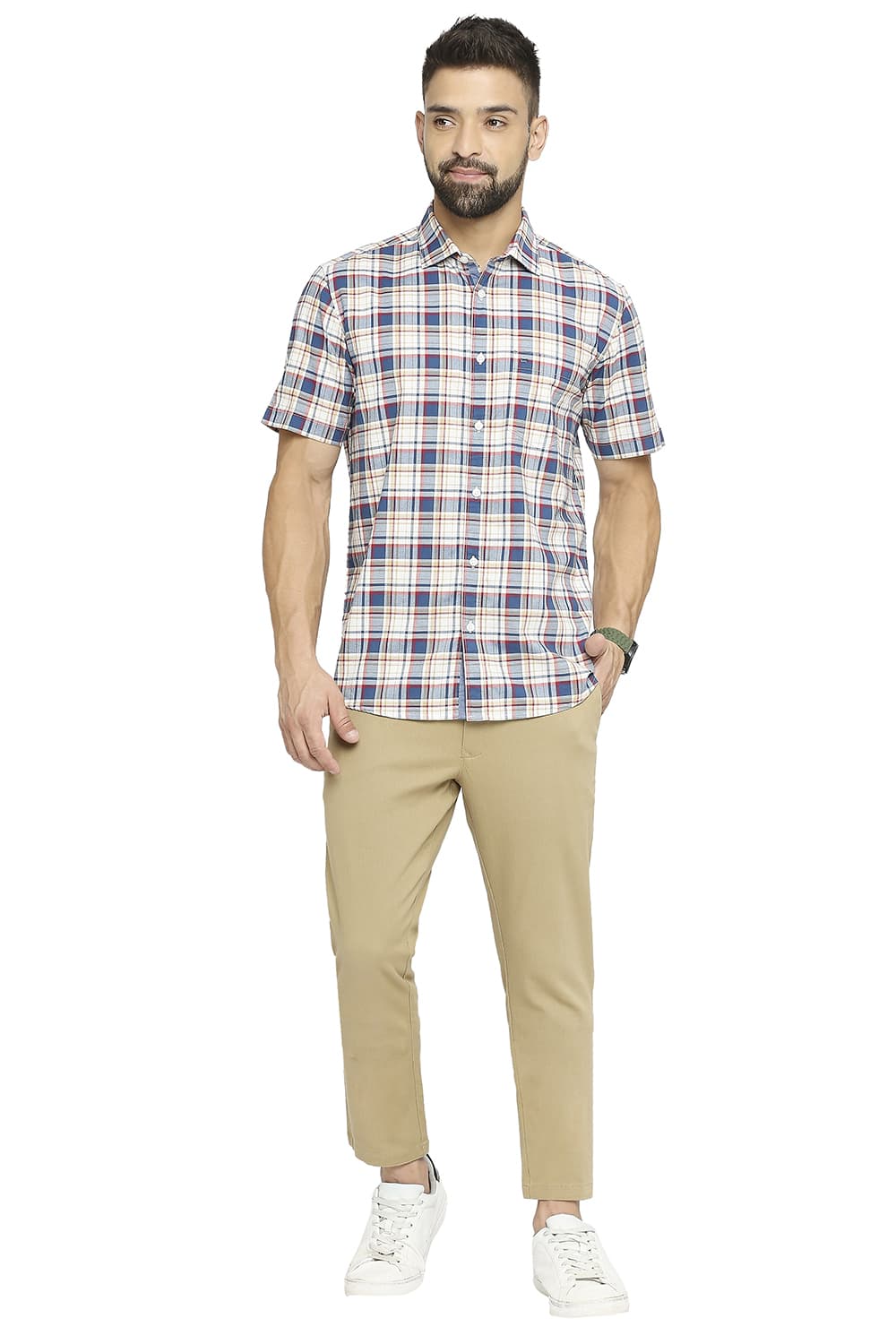 BASICS SLIM FIT COTTON OXFORD CHECKS HALFSLEEVES SHIRT