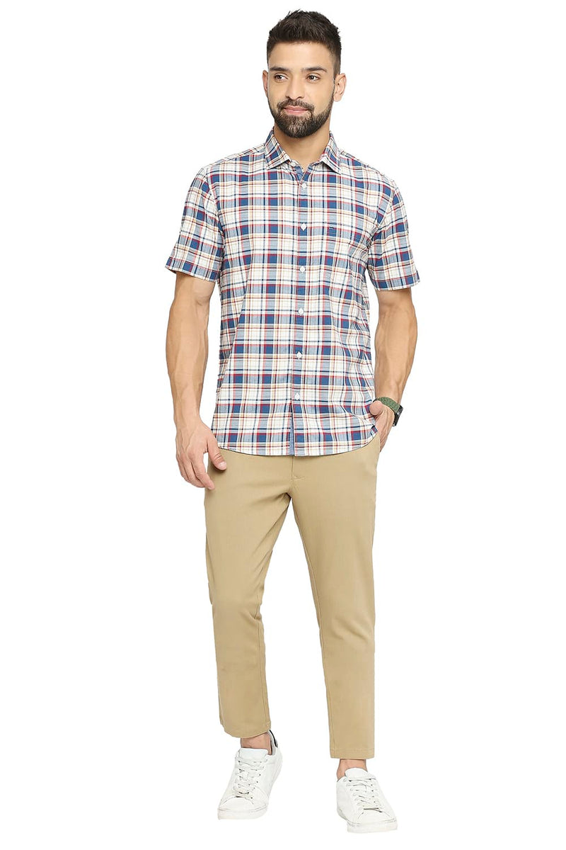 BASICS SLIM FIT COTTON OXFORD CHECKS HALFSLEEVES SHIRT