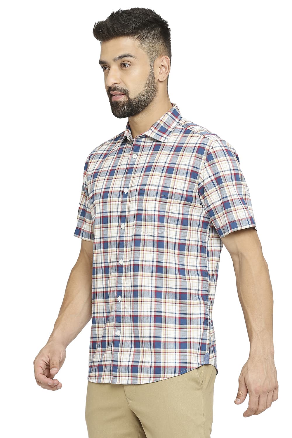 BASICS SLIM FIT COTTON OXFORD CHECKS HALFSLEEVES SHIRT