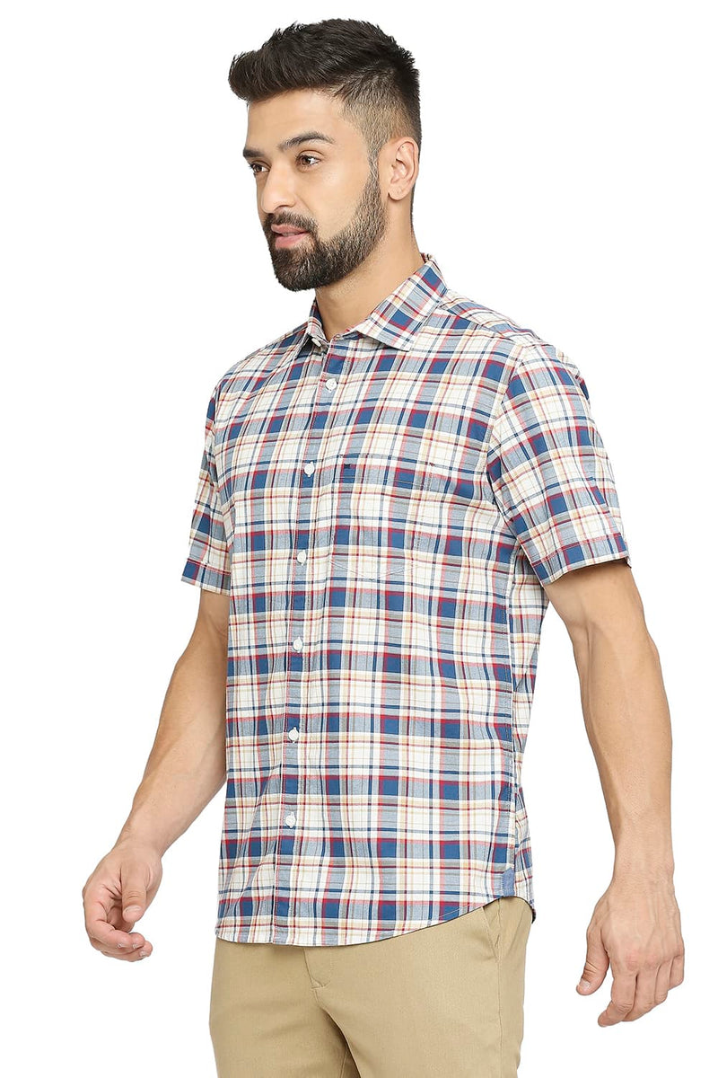 BASICS SLIM FIT COTTON OXFORD CHECKS HALFSLEEVES SHIRT