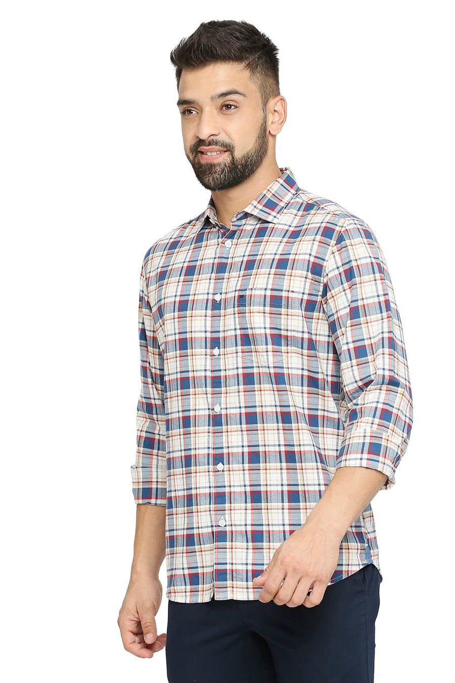 BASICS SLIM FIT ORION NAVY COTTON OXFORD CHECKS SHIRT