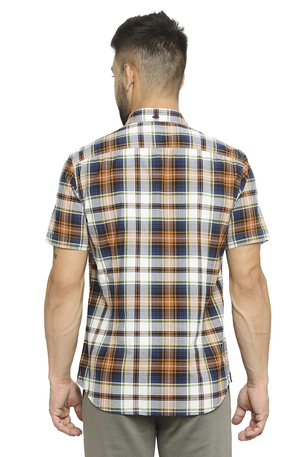 BASICS SLIM FIT COTTON OXFORD CHECKS HALFSLEEVES SHIRT