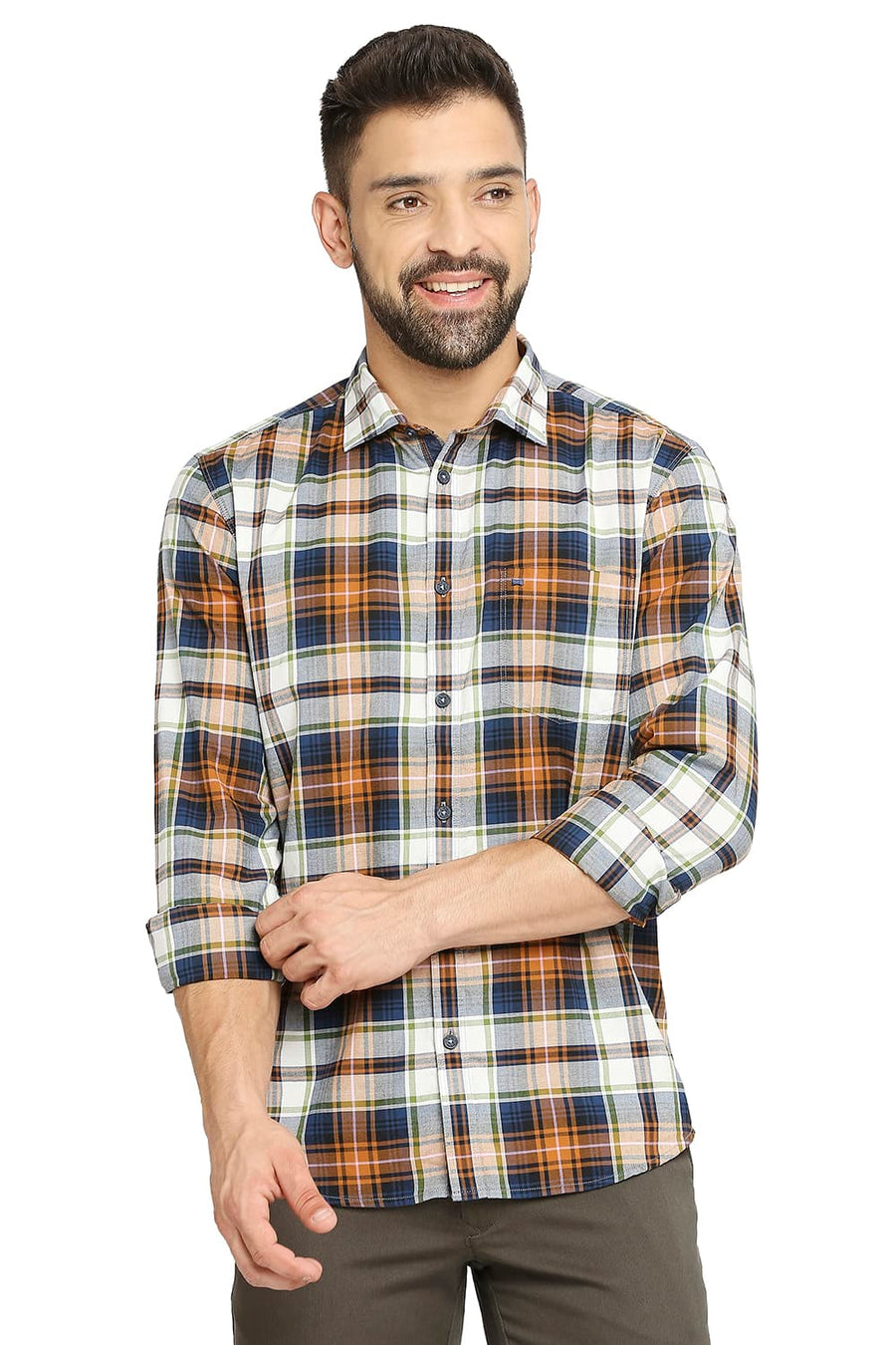BASICS SLIM FIT CINNAMON BROWN COTTON OXFORD CHECKS SHIRT