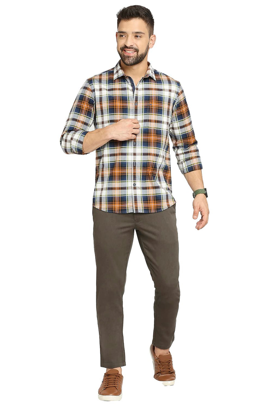 BASICS SLIM FIT CINNAMON BROWN COTTON OXFORD CHECKS SHIRT