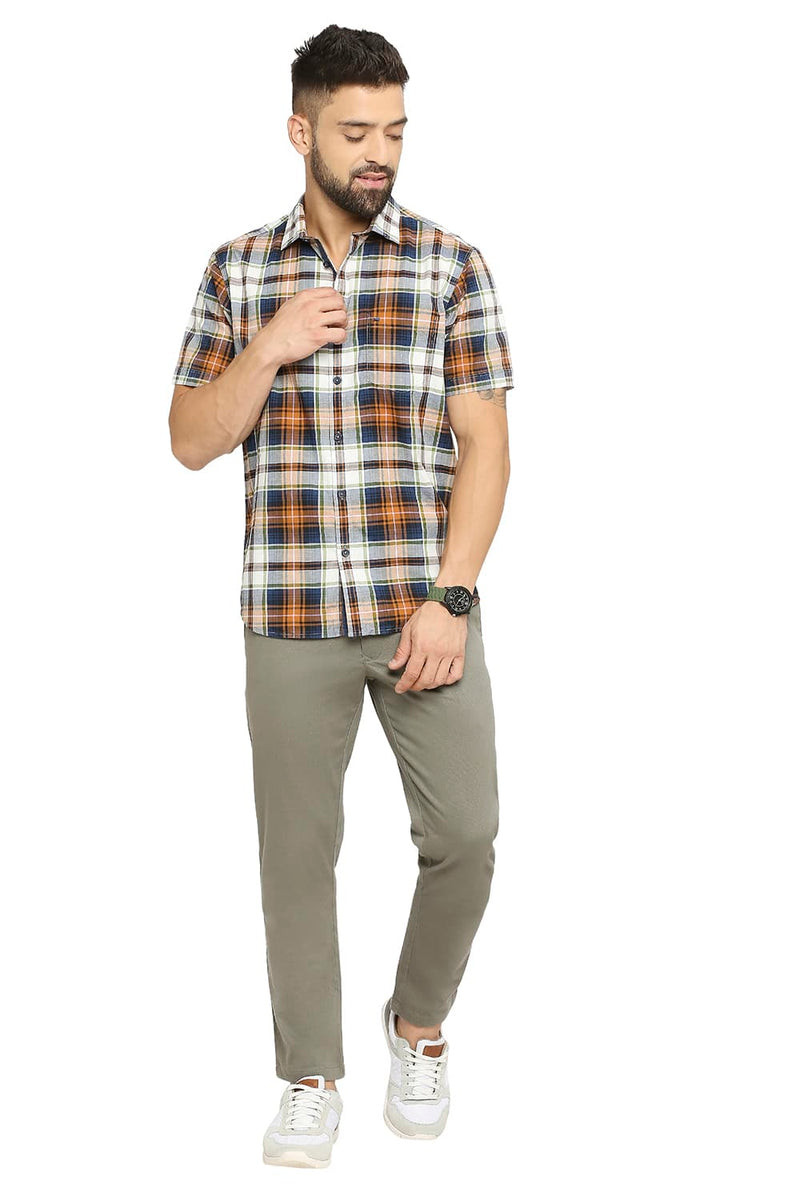 BASICS SLIM FIT COTTON OXFORD CHECKS HALFSLEEVES SHIRT