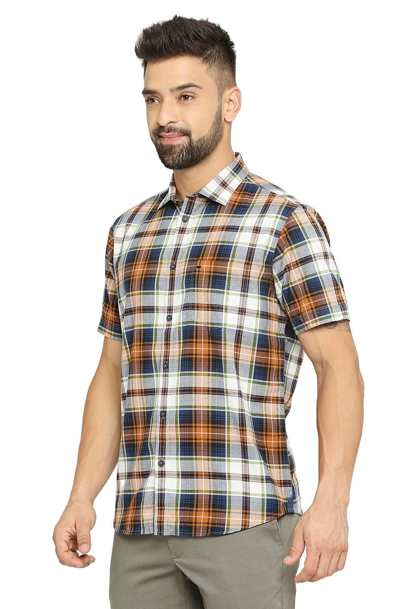 BASICS SLIM FIT COTTON OXFORD CHECKS HALFSLEEVES SHIRT