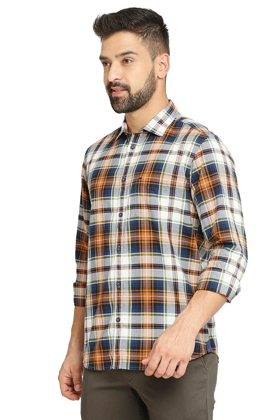 BASICS SLIM FIT CINNAMON BROWN COTTON OXFORD CHECKS SHIRT