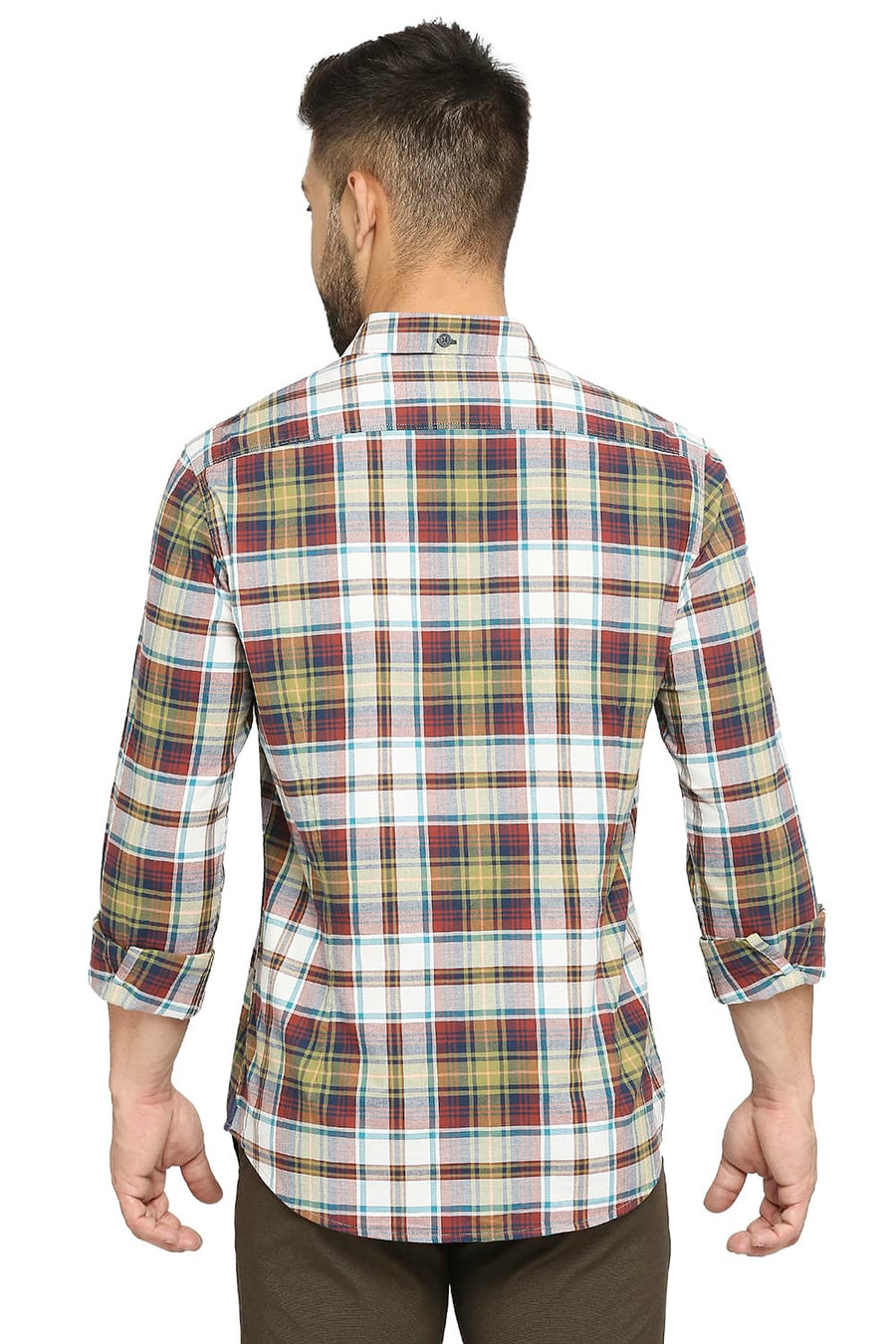 BASICS SLIM FIT MISTLE TOE GREEN COTTON OXFORD CHECKS SHIRT