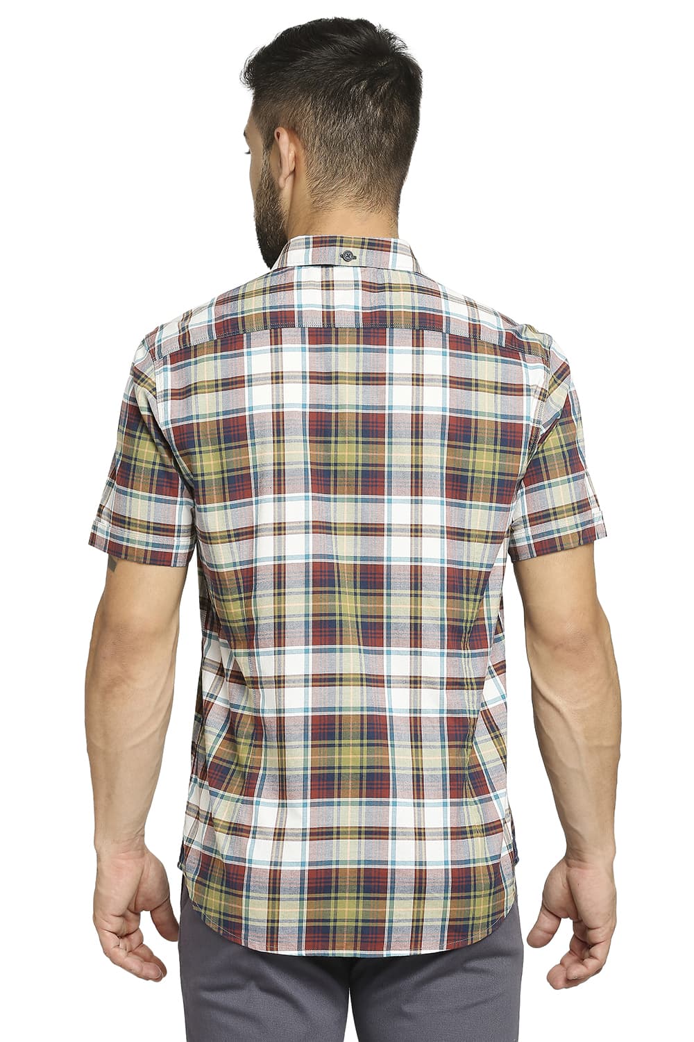 BASICS SLIM FIT COTTON OXFORD CHECKS HALFSLEEVES SHIRT