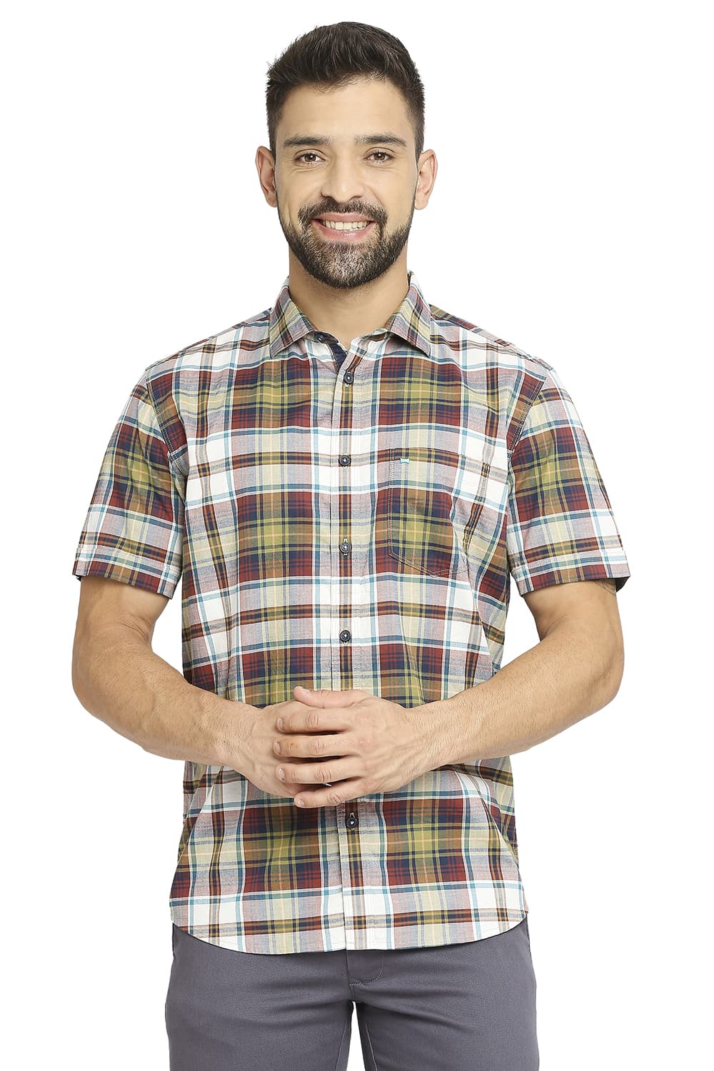 BASICS SLIM FIT COTTON OXFORD CHECKS HALFSLEEVES SHIRT