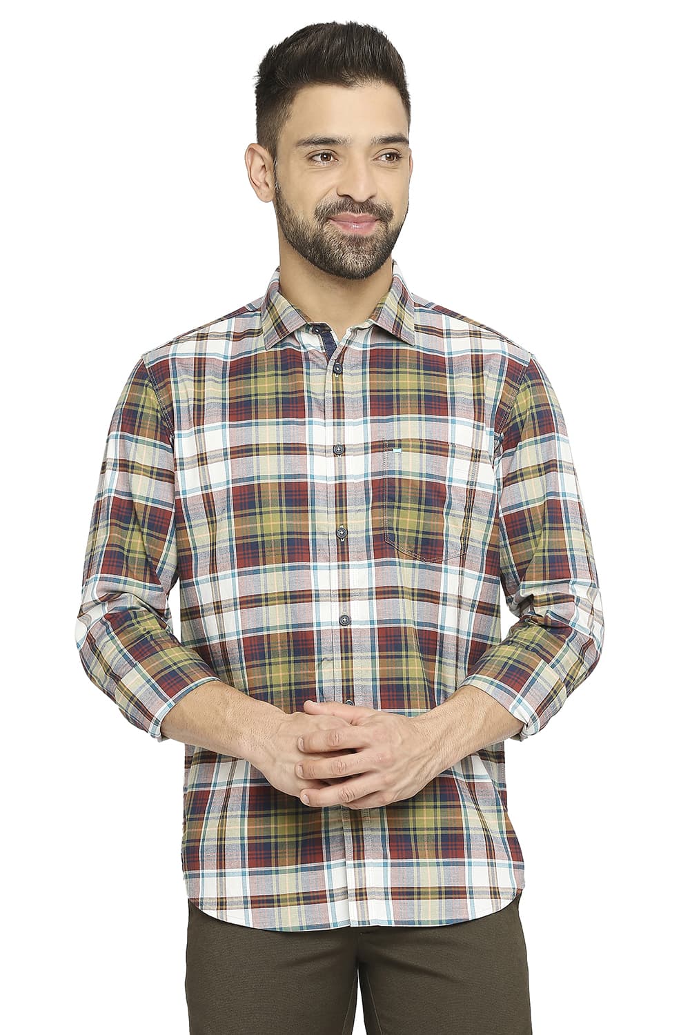 BASICS SLIM FIT COTTON OXFORD CHECKS SHIRT