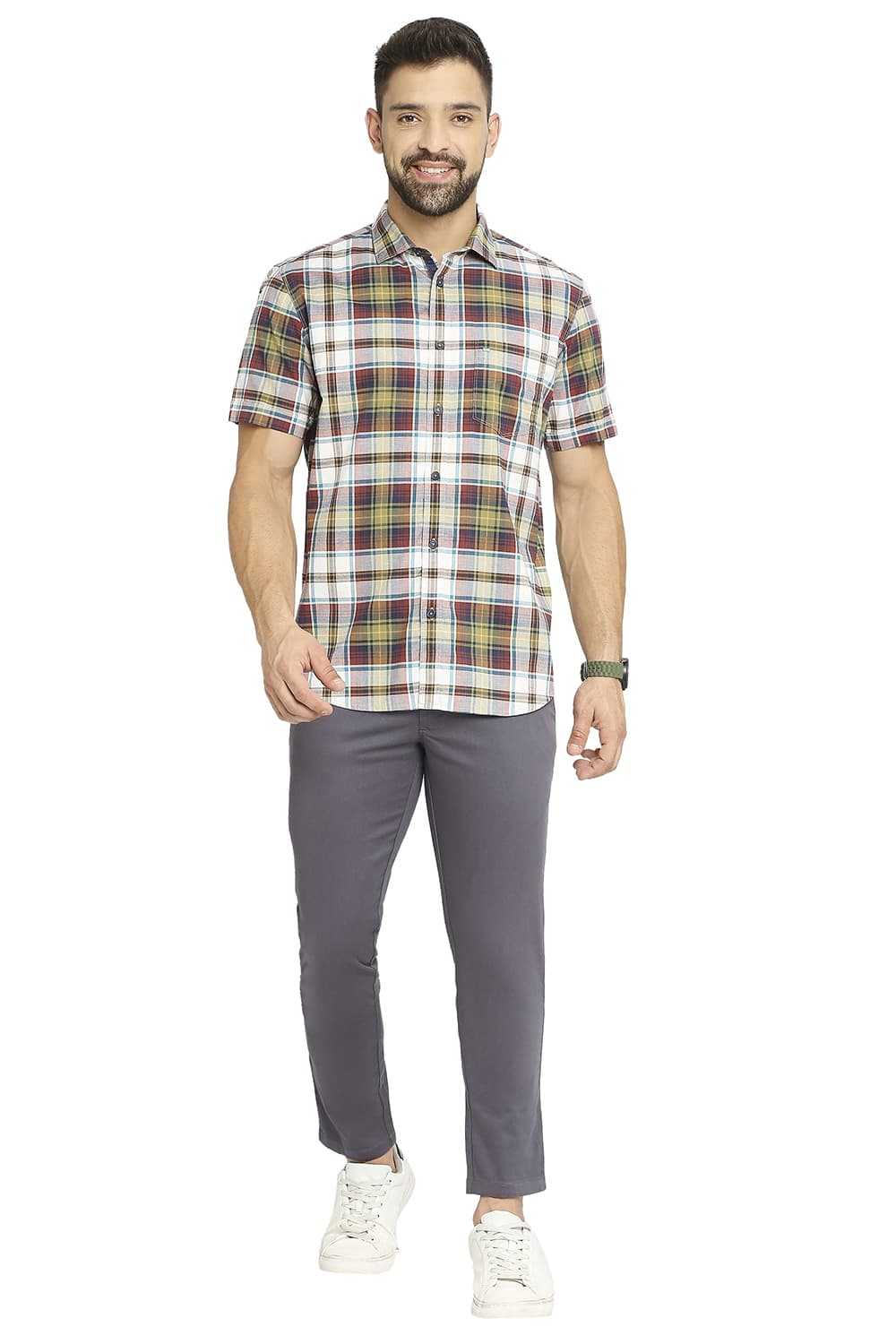 BASICS SLIM FIT COTTON OXFORD CHECKS HALFSLEEVES SHIRT