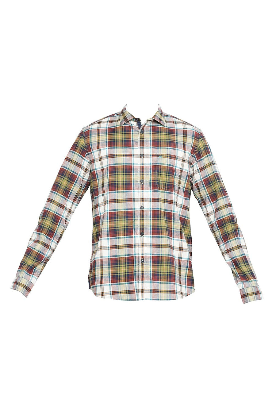 BASICS SLIM FIT MISTLE TOE GREEN COTTON OXFORD CHECKS SHIRT