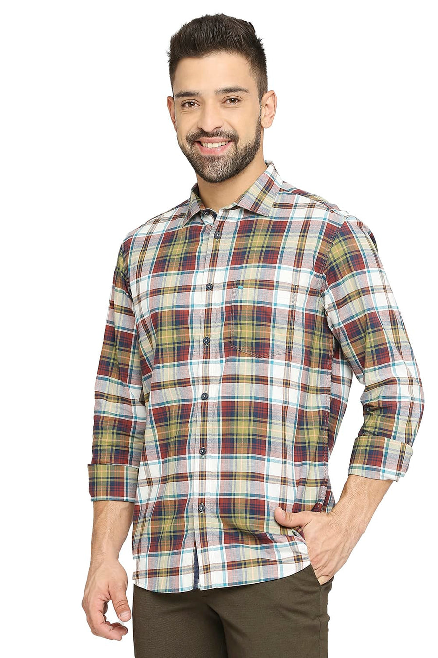 BASICS SLIM FIT MISTLE TOE GREEN COTTON OXFORD CHECKS SHIRT