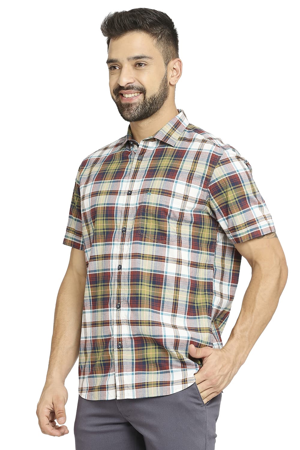 BASICS SLIM FIT COTTON OXFORD CHECKS HALFSLEEVES SHIRT